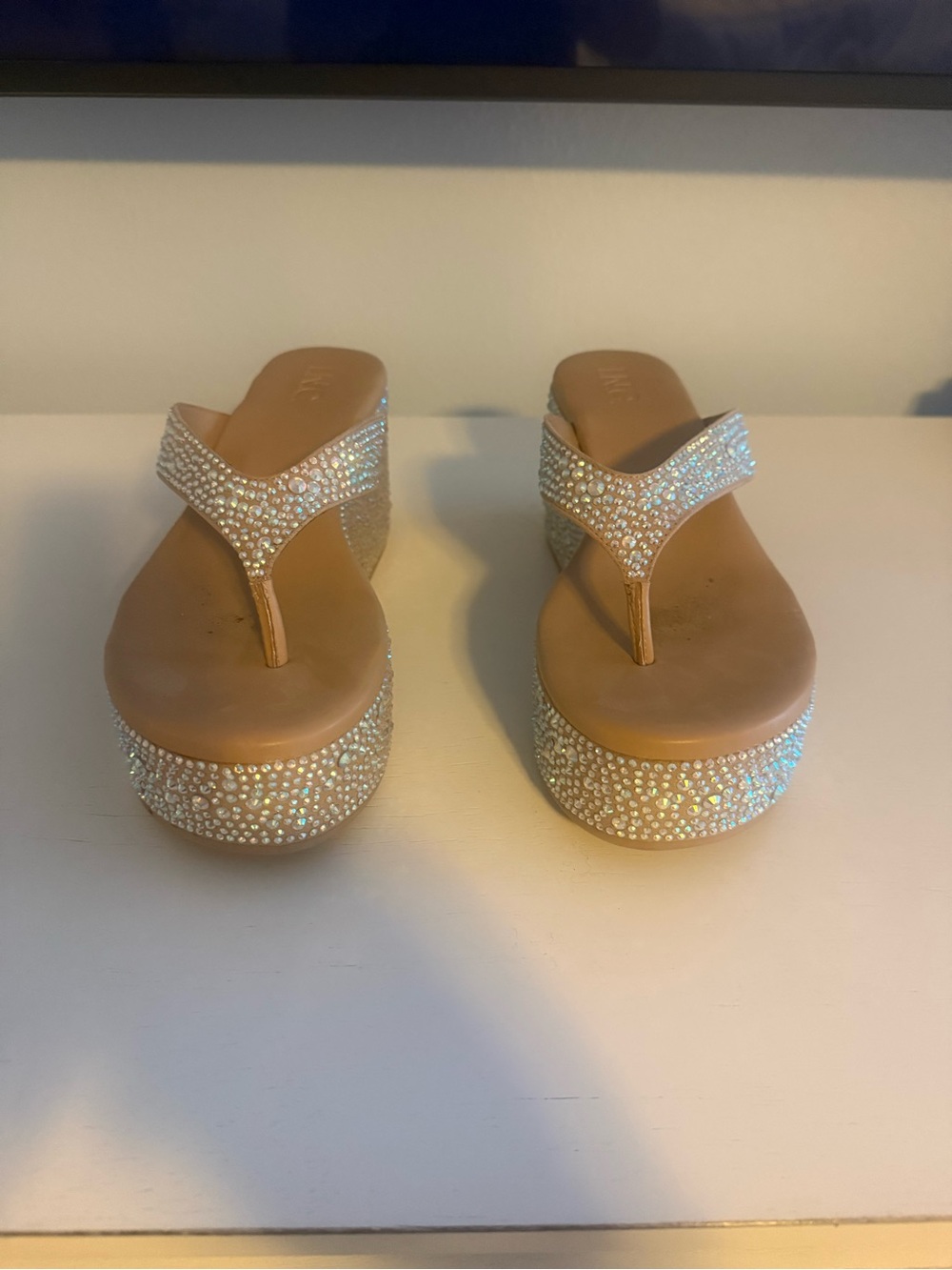 INC International Concepts Tan Rhinestone Platform Thong Sandals
